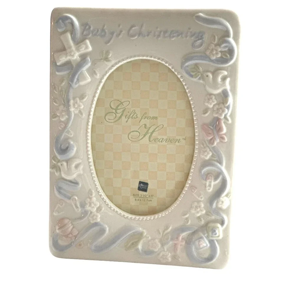 Baby's Christening Fame Ceramic White Blue & Pink Cross Oval Russ 5